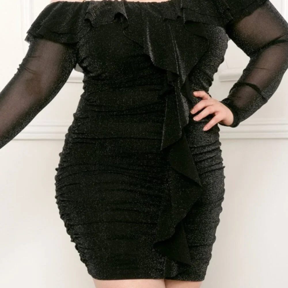 Plus Size Off-Shoulder Ruffle Ruched Mini Dress - Picture 1 of 4